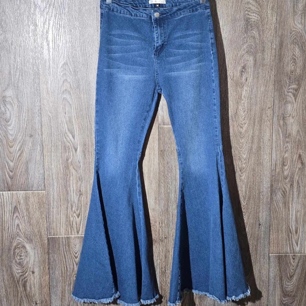 SJ Style Super Flare‎ Jeans Womens Medium High Rise Frayed Hem Bell Bottoms 70s